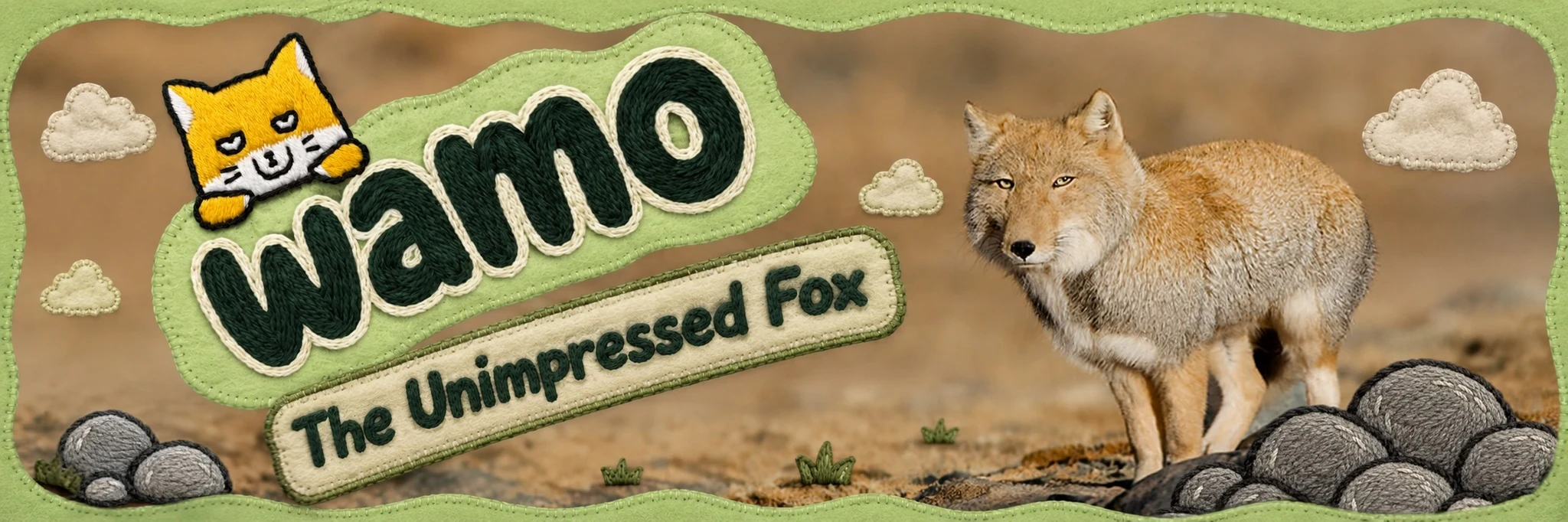 The official WAMO banner — the real fox in a fully hand-embroidered world