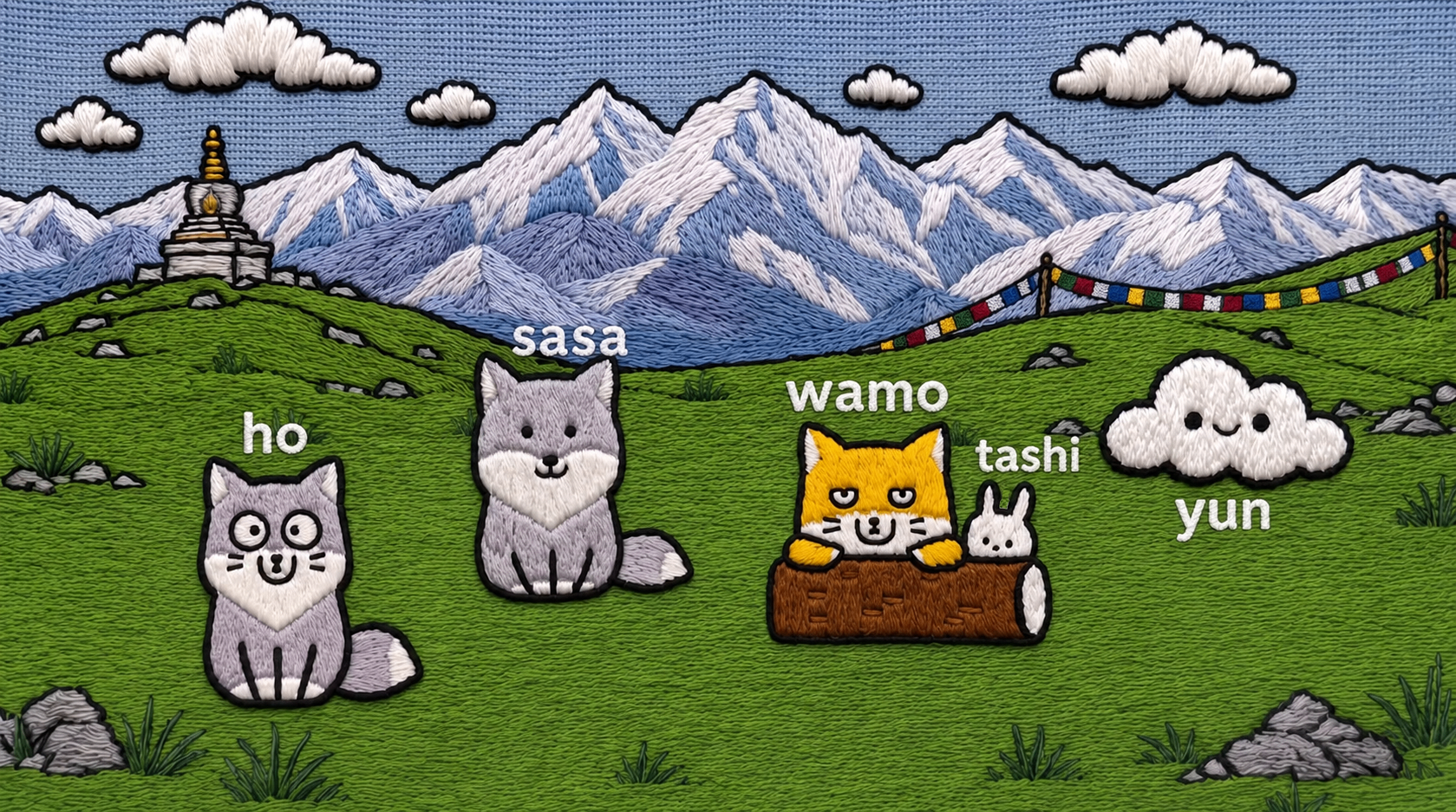 The WAMO cast on the plateau: sasa, wamo, tashi and fox ho as embroidered patches